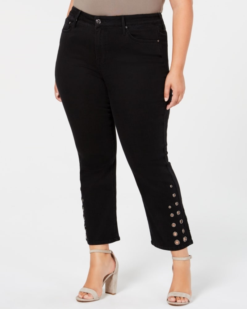 Front of a model wearing a size 22W Seven7 Women's Trendy Lace-Up Bootcut Jeans Black 22W in Black by Seven7. | dia_product_style_image_id:305672